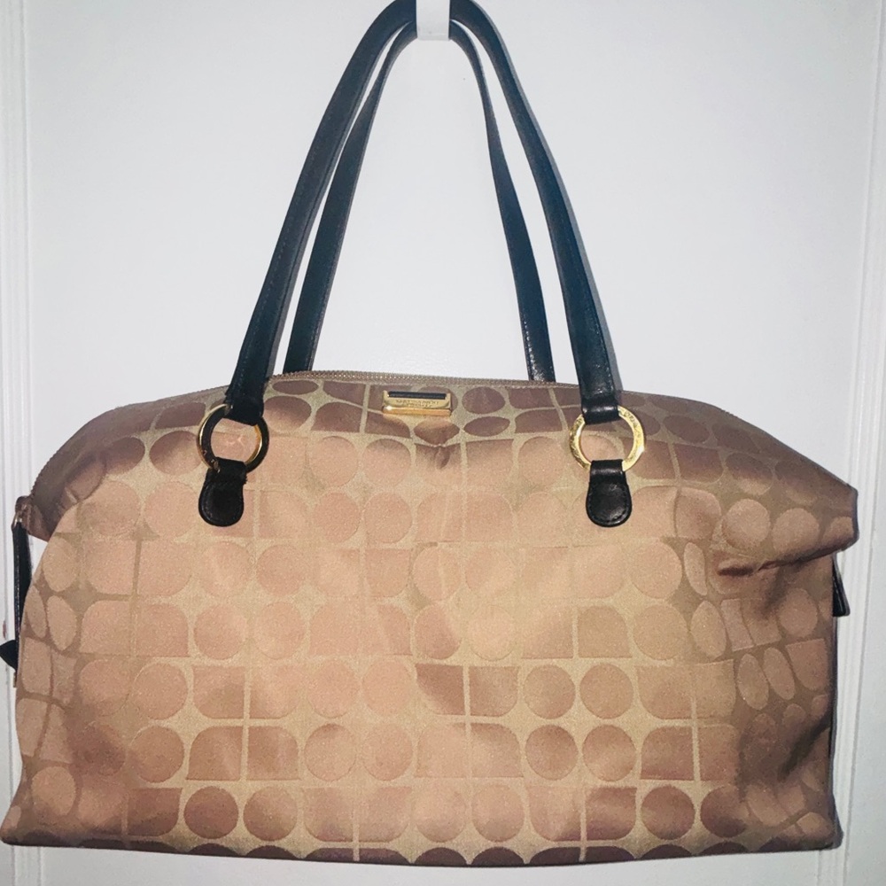 kate spade tan and gold dot Noel patterned tote with black handles